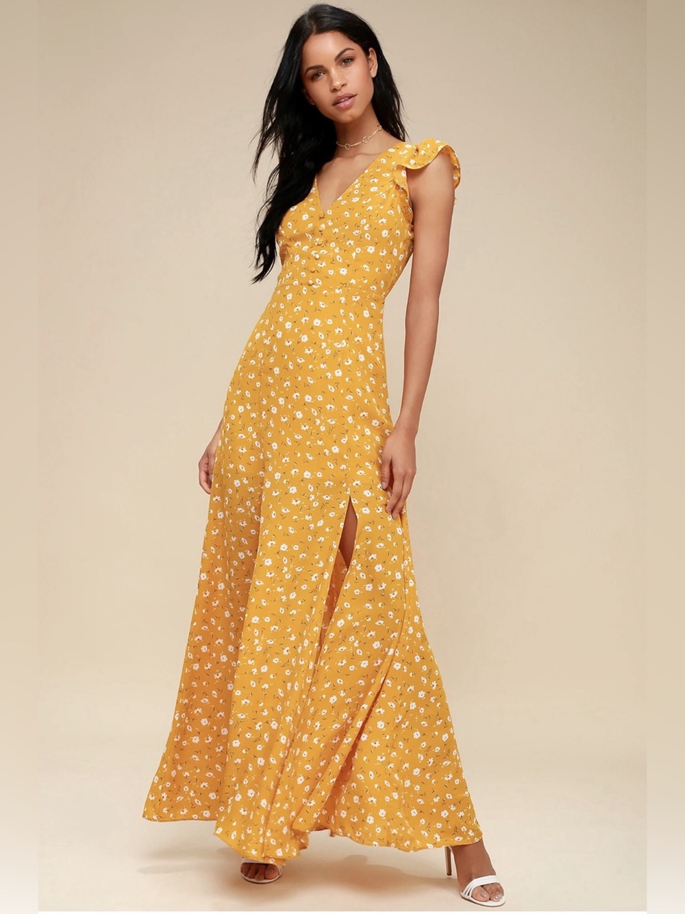 Lulus Fresh Picked Mustard Yellow Floral Print Backless Maxi Dress - XS